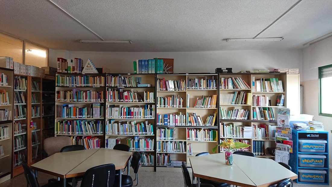 Biblioteca antes de la intervención, con estanterías de distintos tipos llenas de libros y mesas en el centro de la sala.