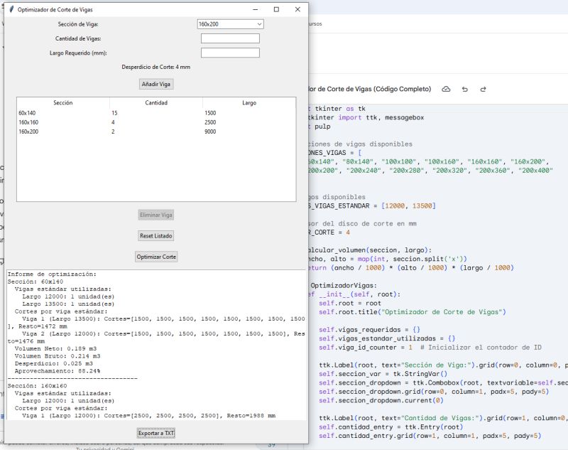 Interfaz del optimizador con una lista de piezas por sección, cantidad y longitud, y botones para calcular y exportar el informe.