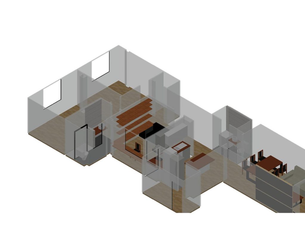 Modelo tridimensional de la vivienda con cocina, salón y habitaciones alrededor del pasillo.