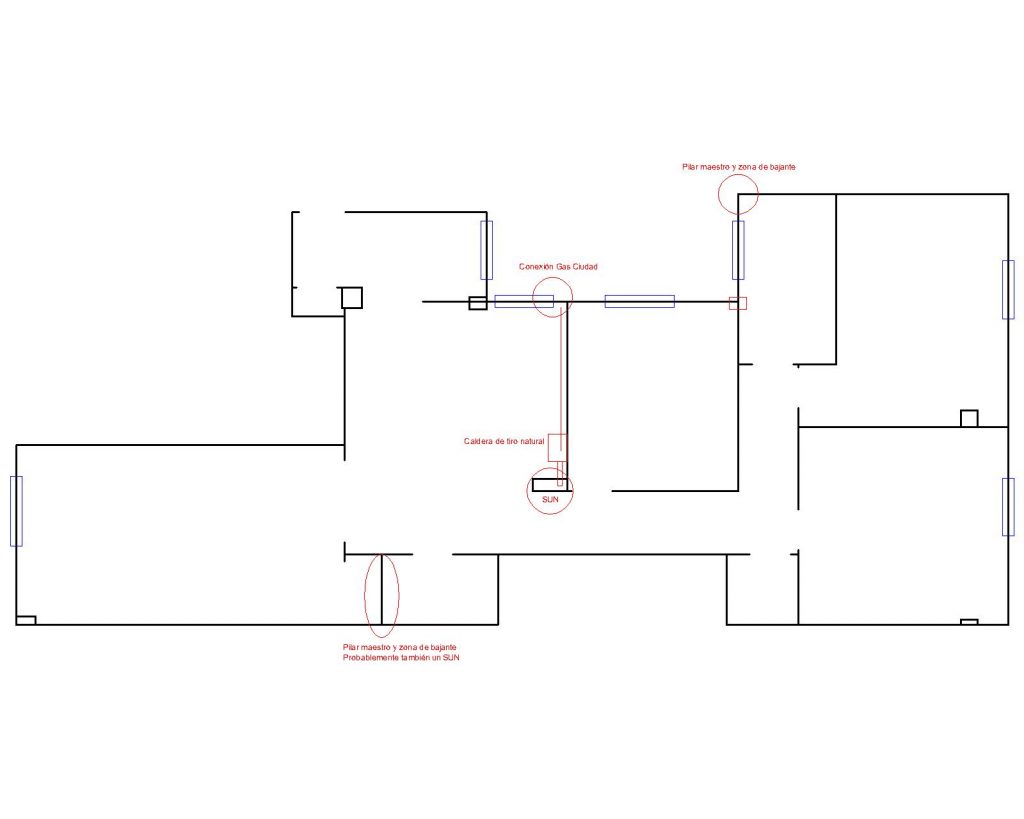 Plano de la nueva distribución con tabiques y anotaciones de la reforma.